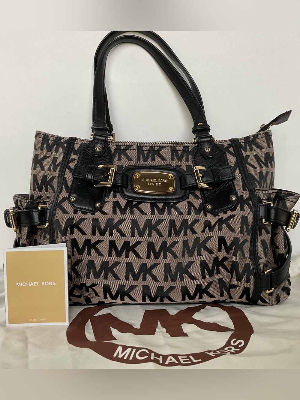 Michael Kors Canvas Brown and Black MK Logo Satchel with Gold Hardware